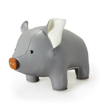 Graue Züny Buchstütze in Schweinchenform mit weißem Innenohr und brauner Schnauze.